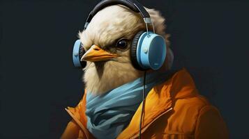 a digital art of a bird with headphones and a jac photo