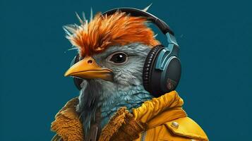 a digital art of a bird with headphones and a jac photo