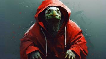 a digital art of a turtle with a red hoodie photo