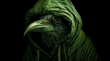 un digital Arte impresión de un pájaro con un verde capucha un foto