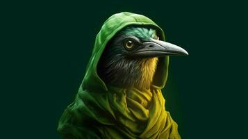 un digital Arte impresión de un pájaro con un verde capucha un foto