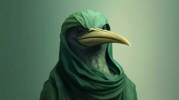 un digital Arte impresión de un pájaro con un verde capucha un foto