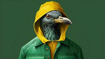 a digital illustration of a bird wearing a green photo