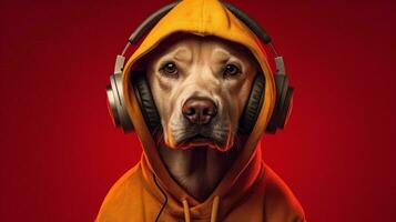 a dog in a red hoodie with a red hoodie photo