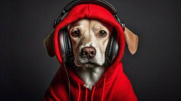 a dog in a red hoodie with a red hoodie photo