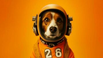 a dog in an orange space suit with the numbers photo