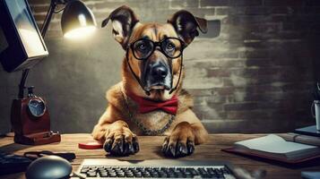 a dog wearing glasses sits at a desk with a computer photo