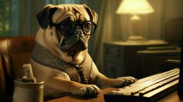 a dog wearing glasses sits at a desk with a computer photo