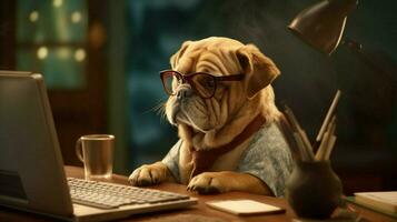 a dog wearing glasses sits at a desk with a computer photo