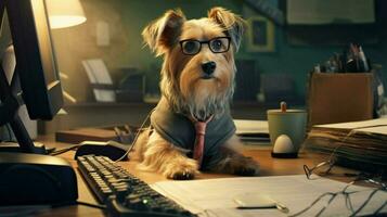 a dog wearing glasses sits at a desk with a computer photo