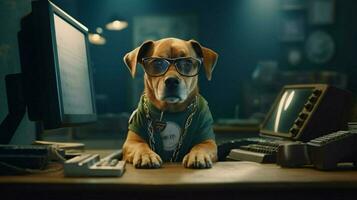 a dog wearing glasses sits at a desk with a computer photo