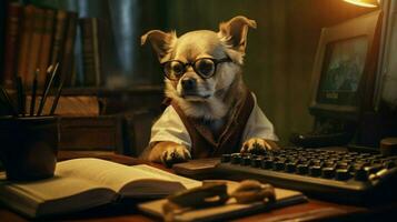 a dog wearing glasses sits at a desk with a computer photo