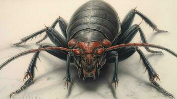 a drawing of a cockroach with red eyes and a red photo