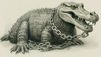 a drawing of a crocodile with chains around it photo