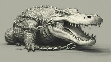 a drawing of a crocodile with chains around it photo