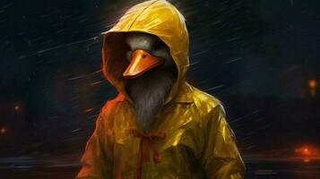 a duck in a raincoat with a hood and a hood photo