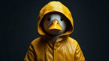 a duck in a raincoat with a hood and a hood photo