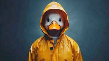 a duck in a raincoat with a hood and a hood photo