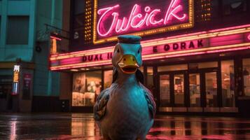 a duck with a pink scarf and a scarf on his head photo