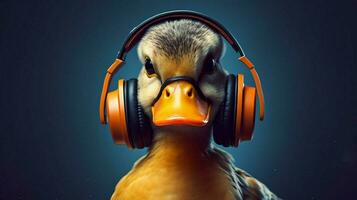 a duck with headphones and glasses photo