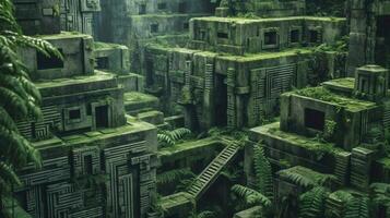 a fantasy maze in jungle high walls of concrete photo