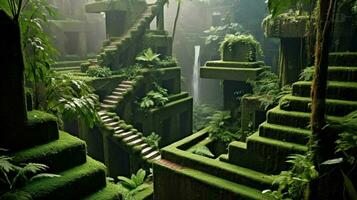 a fantasy maze in jungle high walls of concrete photo