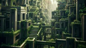 a fantasy maze in jungle high walls of concrete photo