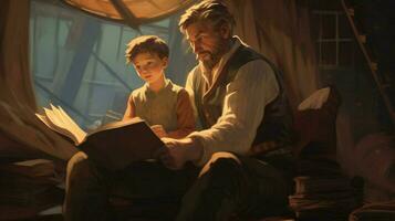 a father and son read a book together photo