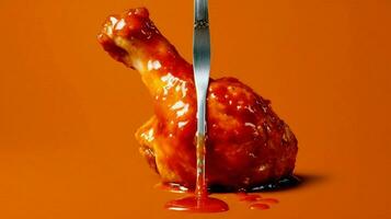 a fork with a piece of chicken covered in sauce photo