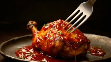 a fork is holding a chicken with a red sauce photo