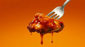 a fork with a piece of chicken covered in sauce photo