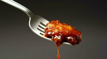 a fork with a piece of chicken with bbq sauce on photo