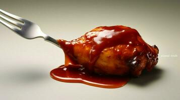 a fork with a piece of chicken with bbq sauce on photo