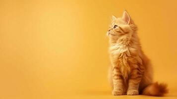 a fluffy orange cat sits on a yellow background photo