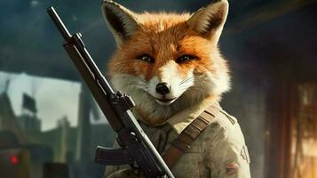 a fox with a gun on his head photo