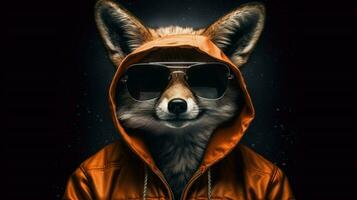 a fox with a hoodie and sunglasses is standing photo