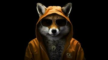 a fox with a hoodie and sunglasses is standing photo