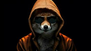 a fox with a hoodie and sunglasses is standing photo