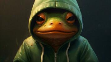 a frog in a hoodie with a hoodie that says frog on photo