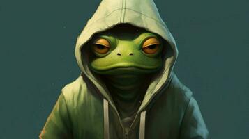 a frog in a hoodie with a hoodie that says frog on photo