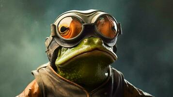 a frog with a helmet and glasses photo