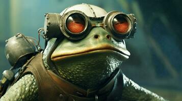 a frog with a helmet and glasses photo