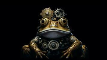 a frog with gears and a helmet sits on a black photo