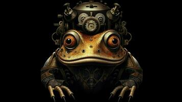 a frog with gears and a helmet sits on a black photo