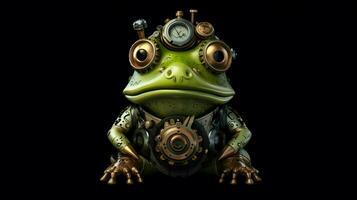 a frog with gears and a helmet sits on a black photo