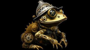 a frog with gears and a helmet sits on a black photo