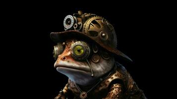 a frog with gears and a helmet sits on a black photo
