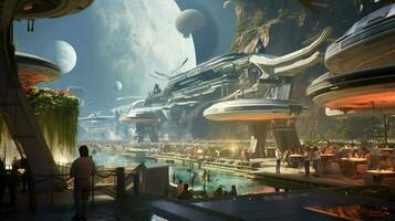 a futuristic spaceport bustling with activity photo