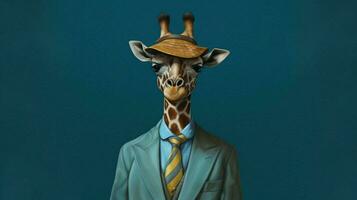 a giraffe with a blue jacket and a blue hat photo