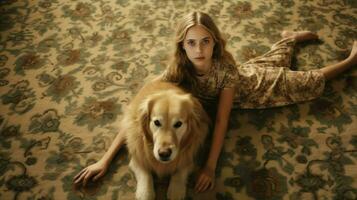 a girl and a golden retriever dog on a carpet photo